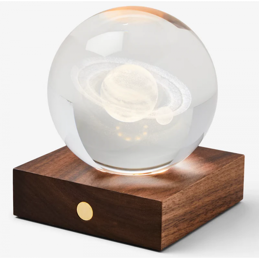 Φωτιστικό Gingo 3D Κρόνος Από Κρύσταλλο σε Ξύλινη Βάση Amber Crystal Light Saturn Δώρα Γραφείου